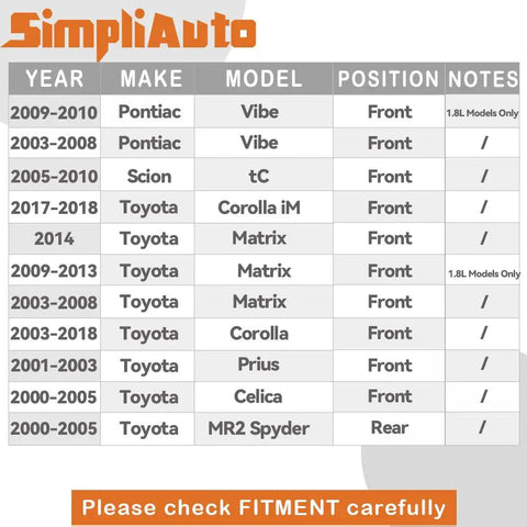 Compatibility chart for Wheel Hub Bearing Assembly 510070 Pair Front and Rear with listed car models and years.