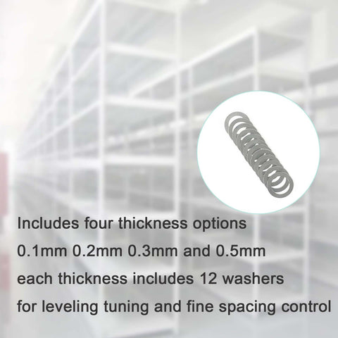 M13 By 19mm 304 Stainless Flat Washer Shim Set 48 Pieces With Four Thicknesses in front of shelves