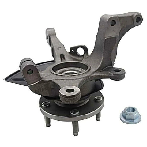 2 Piece Front Wheel Bearing Hub Steering Knuckle Assembly Kit For 2001 2004 Ford Escape And 2001 2004 Mazda Tribute Left And Right Front Direct Replacement With Knuckles Bearings Hubs Axle Nuts Backing Plates, close-up view of steel knuckle with bearing and hub visible