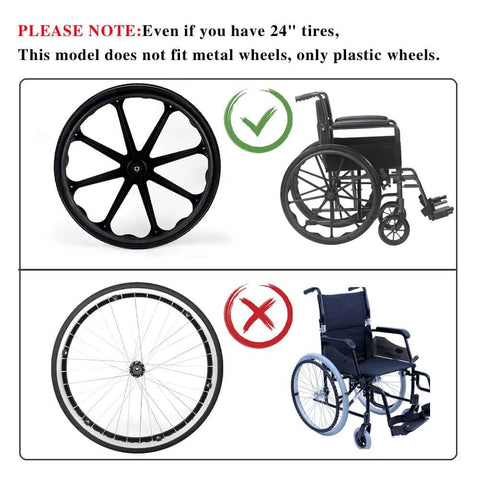 Rear Wheel Replacement Tire For Wheelchairs 24x1 Universal No Flat Polyurethane Tire illustrated with compatible and incompatible wheels