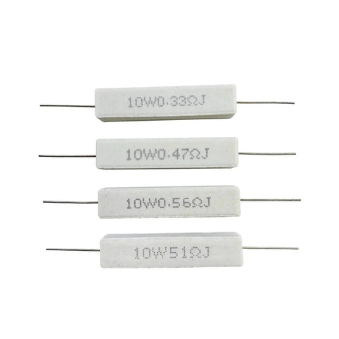 Front view of four 10W ceramic cement resistors marked 0.33Ω, 0.47Ω, 0.56Ω, 0.51Ω ±5%