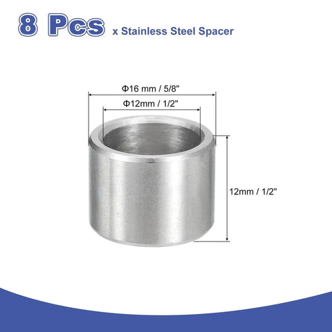 8 Pack 304 Stainless Steel Spacer 12mm ID 16mm OD 12mm Length Unthreaded Round Standoff Bushing for Screws Bolts Rods