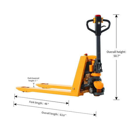 APOLLOLIFT electric pallet jack with 48-inch forks, yellow body and black handle, side view