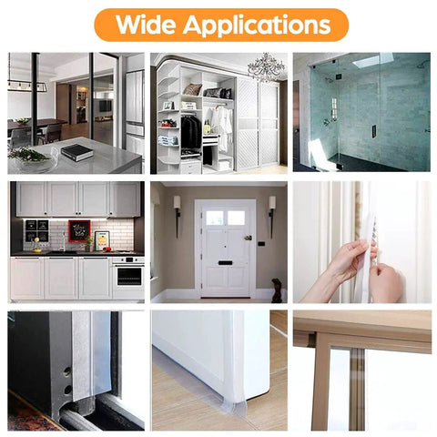 Image showing various applications of the 33.5 Ft Weather Stripping Door Seal Strip With Self Adhesive Silicone Tape, including doors and windows.