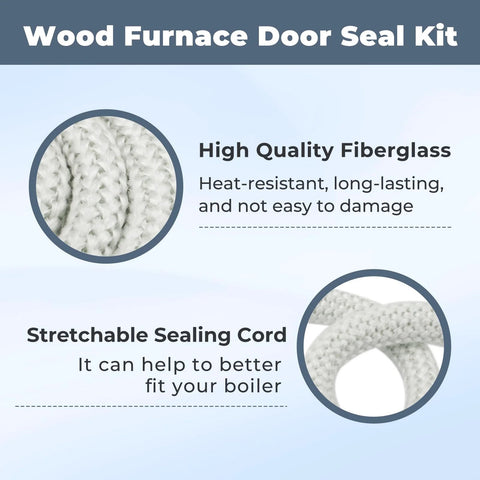 Wood furnace door seal kit banner showing high-temperature fiberglass and stretchable sealing cord close-ups