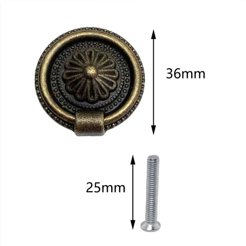 Antique Bronze Floral Pattern Drawer Pull Rings Set Of 6 With Durable Screws Vintage Zinc Alloy Dresser Pull Handles 36mm Cabinet Knob
