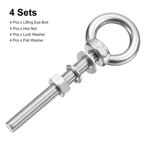 4 Pack M8 60mm Lifting Eye Bolt Set In 304 Stainless Steel With Nuts Lock Washers And Flat Washers, front view.
