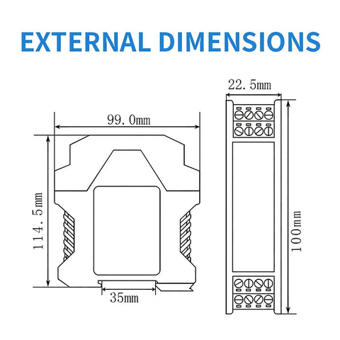 Technical diagram of the 2 Channel Signal Isolator For 24V DC PLC Systems With 4 To 20mA Analog Output Dual Input Dual Output Signal Conditioner Ultra Slim DIN Rail Mounted Isolation Module For Safe Rugged Industrial Signal Transfer showing external dimensions.