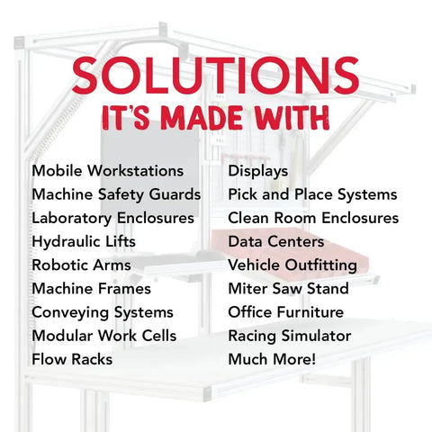 List of applications for T-slot aluminum profiles including mobile workstations, enclosures, and laboratory setups.