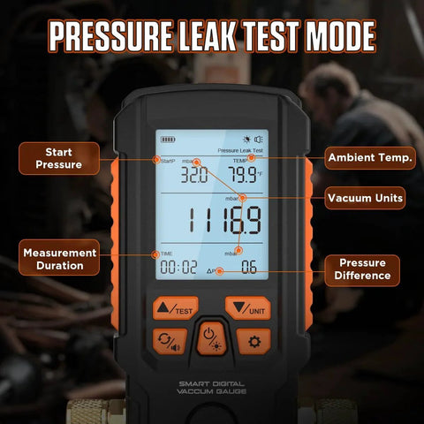 Digital Vacuum Gauge Pro For HVAC And Vacuum Pumps With 0.2 Percent Accuracy 0-2000 Mbar Range Four Units Torr Mbar InHg HPa Evacuation Mode For Real-Time Delta T And EvT Diagnostics Pressure Leak Test 7/16-20UNF 1/4 SAE Thread displaying pressure leak test mode on LCD screen.