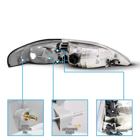 Replacement Headlights For 1994 1998 Ford Mustang Gun Metal Corner Turn Signal Set Direct Fit Driver And Passenger Side Dot SAE Approved Easy Plug And Play OEM Replacement AmeriLite, rear view showing body locator pin and mounting components.