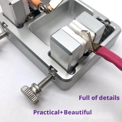 Close-up view of Pro Grade Soldering Station Wire Clamp Fixture Table showing clamps and screws, aluminum material visible.