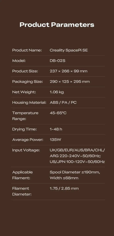 Product parameters for Upgraded SpacePi SE Filament Dryer For 3D Printers, including dimensions, weight, power, and filament details.