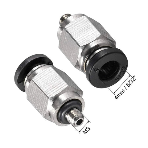 Boxonly straight pneumatic male fittings, 4mm tube OD x M3 thread, push-to-connect, metal bodies, 2-pack.