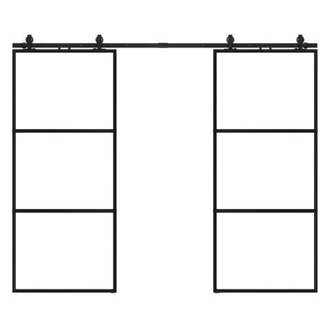 Front view of Sturdy Metal And Glass Sliding Double Barn Door With Hardware Kit 48 By 84 Inches Soft Close Included Rust Resistant Powder Coated Exterior Three Part Assembly Durable Metal Frame Easy Install For Modern Farmhouse Style