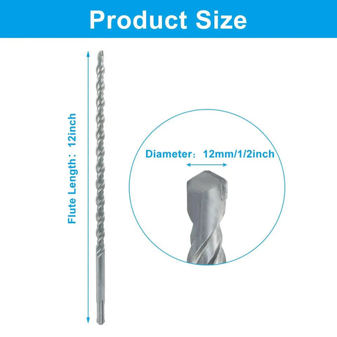 Diagram showing Two Pack SDS Plus Rotary Hammer Drill Bits One Half Inch By Twelve Inch Carbide Tipped Masonry Drill Bits For Concrete Brick Stone And Cement Optimized For Fast Precise Drilling In Heavy Duty Applications with measurements.