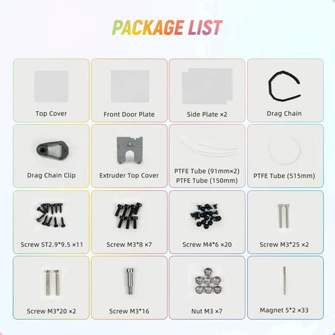 Package list for Adventurer 5M 3D Printer Enclosure Kit DIY Enclosure Set with components shown including cover, panels, and screws.