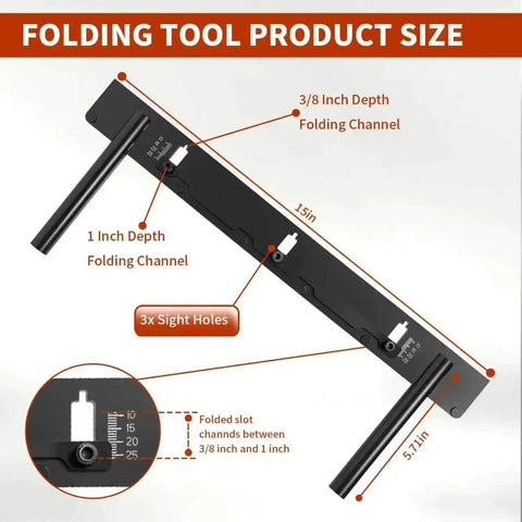 Diagram showing Folding Metal Bender Tool for Sheet Metal and HVAC Ducts 15 Inch Hand Tool with adjustable fold depth and handles.
