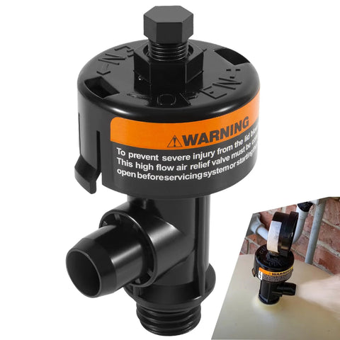 Front view of a black high-flow manual relief valve with orange warning label for pool and spa filter; hex nut on top.