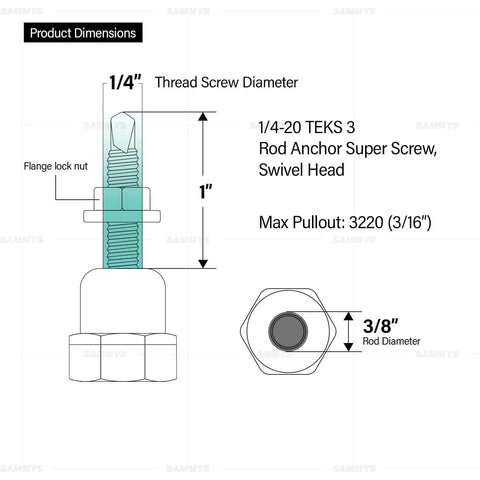 Sammys 8137957100 SH DSTR One And Three Eighths Inch Screw Swivel Expandable Threaded Rod Anchor dimensions diagram