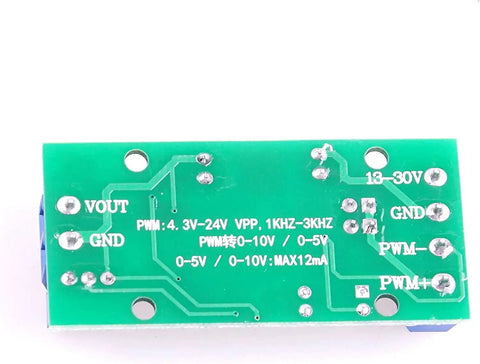 PWM To Voltage Converter Module For PLCs And Microcontrollers, PCB showing input and output markings, green board