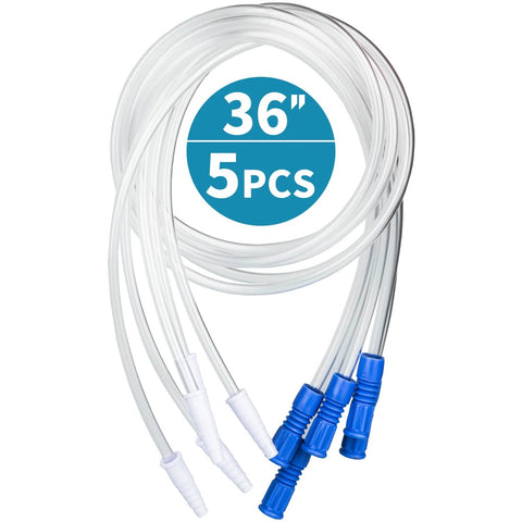 Urinary drainage bag extension tubing set, 36-inch length, 5 pieces, clear flexible tubes with blue connectors.