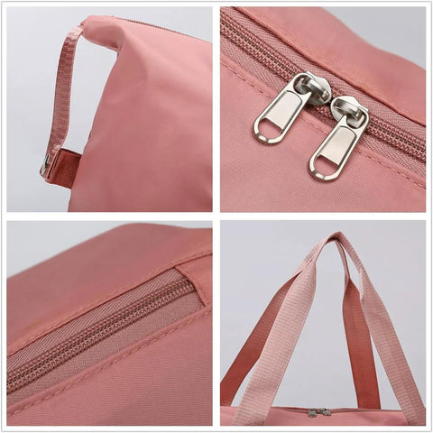 Close-up of a pink Expandable Travel Tote Bag With Trolley Sleeve And Wheels, Waterproof Oxford Duffel, showing zippers and handles.