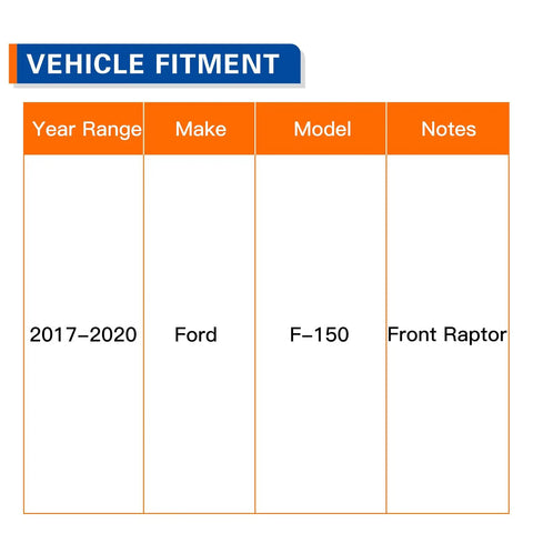 Vehicle fitment chart for Front Wheel Hub Bearing Assembly 515188 For Ford F 150 2017 2018 2019 2020 Front Passenger And Drive Side With ABS 6 Lug OE Quality Replacement Budget Friendly Vehicle Tested And Proven showing compatibility.