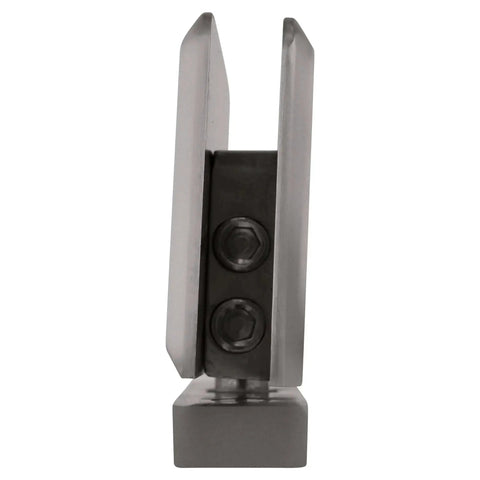 Front view of Senior Prima 01 Glass Hinge Top Or Bottom Mount Satin Chrome for frameless showers and cabinets, 1/2 in tempered glass support.