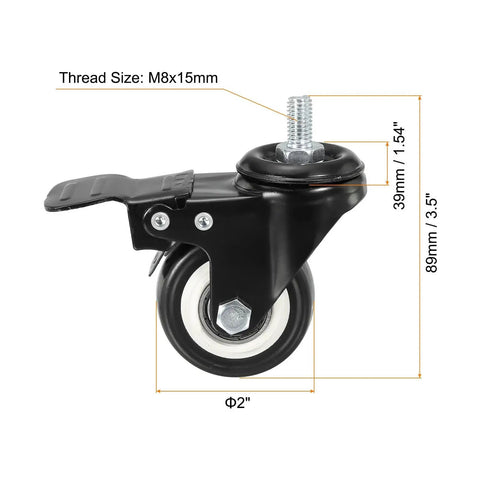 2 Inch Swivel Stem Casters With Brake PU Wheel M8x15mm Threaded Stem 1.25mm Pitch 110lbs Load Capacity Black