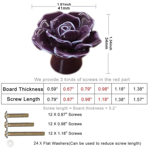 12 Pack Purple Rose Ceramic Knobs For Cabinets And Dressers Rose Flower Vintage Style Pulls With 3 Screw Sizes shown with dimensions
