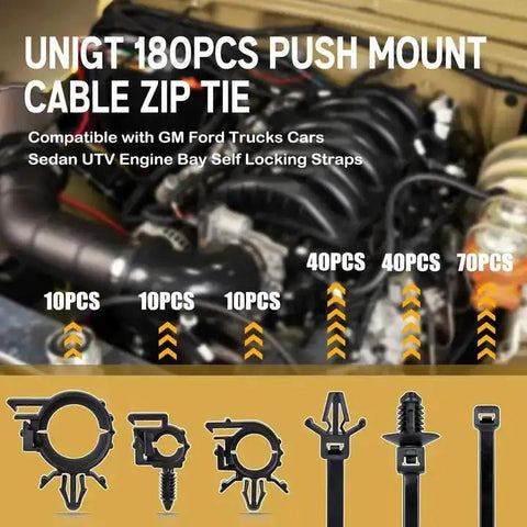 180 Piece Nylon Universal Cable Tie Buckle Set With Push Mount Zip Ties And Wire Loom Routing Clips in engine bay