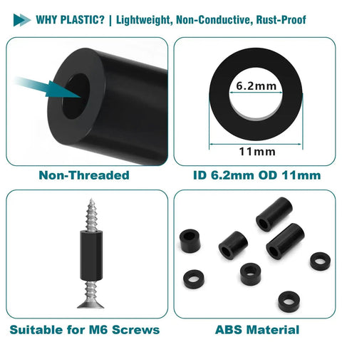 M6 Spacer Assortment Kit With Non Threaded Round Washers And Insulated ABS Plastic Standoffs ID 6.2mm OD 11mm Ten Sizes For 3D Printers