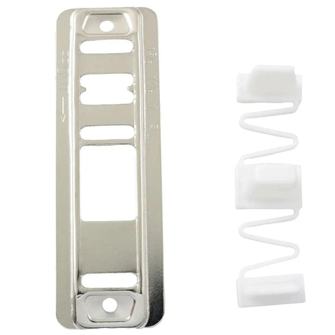 Sliding Door Floor Track Guide Rail Nickel Kit With Eight Plastic Parts And Sixteen Self Tapping Screws, steel base and nylon tips visible