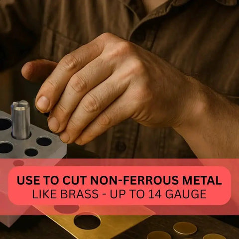 Person using 7 Piece Circular Disc Cutter Set With Wooden Storage Box Square Design Includes Round Punches One Quarter Inch Through Five Eighth Inch Heavy Duty Hardened Steel Cuts Up To Eighteen Gauge Rock Solid For Metalworking to cut non-ferrous metal.
