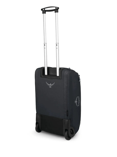 Rear view of the Daylite 40L Wheeled Carry On Collapsible Duffel Bag with extended handle, black lightweight travel suitcase for trips.
