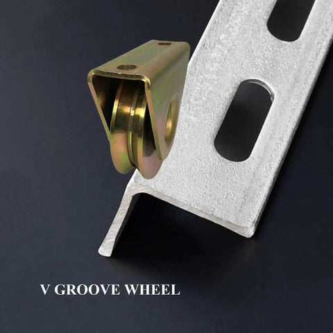 V groove wheel with bracket on track rails, part of Beefy Heavy Duty 2 Inch V Groove Wheel Plate Casters With Bracket For V Track Rails