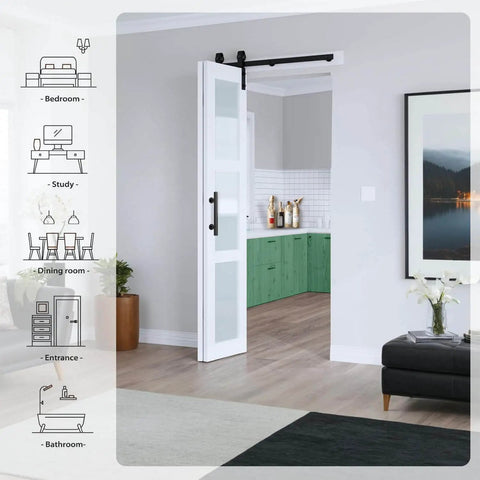 Bi-Fold White MDF Barn Door With PVC Surface 28 By 84 Inches shown installed in a modern living room, open to kitchen