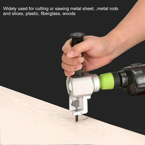 Double Head Nibblers Metal Cutter Sheet Nibbler Drill Attachment in use, cutting wood with electric saw, close-up view