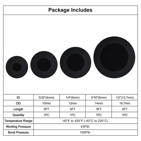Measurement chart for Go-To Heavy Duty Silicone Vacuum Tubing Kit Black 5 Ft 130 PSI Max 4 Piece Set With 4mm 6mm 8mm 12.7mm IDs