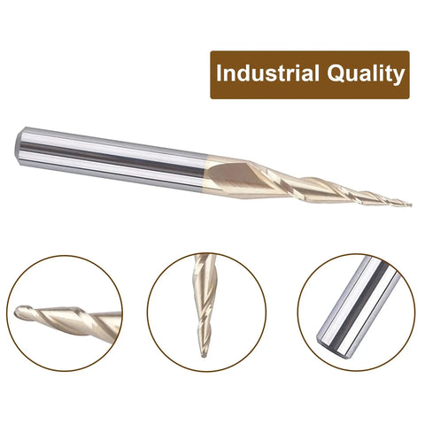 Tapered Ball Nose End Mill 1 Quarter Inch Shank 1 Sixty Fourth Inch Radius For 3D Carving And Engraving Router Bit ZrN Coated