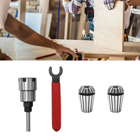 One Quarter To One Half Inch Router Bit Extension Collet Adapter With ER20 Spring Collet And ER20 M Type Nut Wrench displayed on table