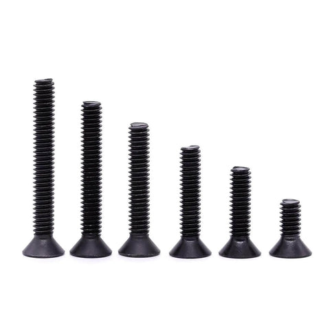 Set of M10-1.5 X 30mm Flat Head Socket Cap Screws, Grade 10.9 Alloy Steel, DIN 7991 Black Oxide, shown in various lengths.