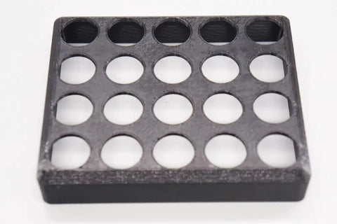 Front view of a square black 3D printed composite storage rack tray for ER20 collet CNC milling chuck lathe tools.