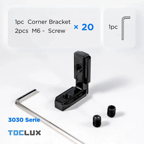 Built Tough 3030 Interior Corner Connector Kit with L Shape Inside Bracket, screws, and wrench for 30 Series Aluminum Extrusion.