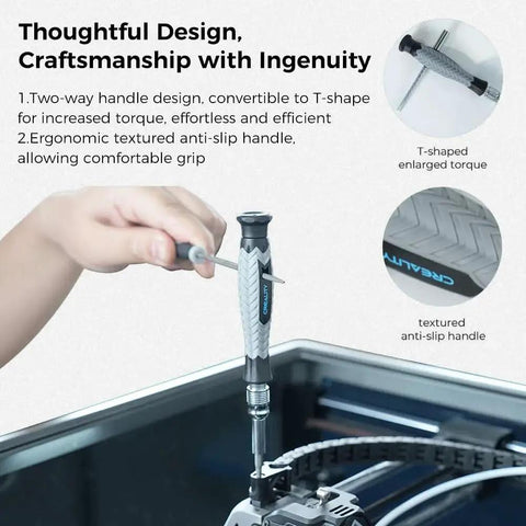 Person using a screwdriver from the Ultimate 74 Piece 3D Printer Tools Kit For Assembly And Finishing Deburring Nozzle Cleaning Filament Cutting And Model Processing Creality Compatible For All FDM Printers.