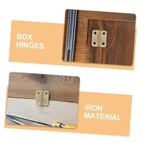 40 Piece Miniature Hinge Hardware Set for DIY Crafts Corner Iron Hinges installed on wood with tiny screws, shows iron material.