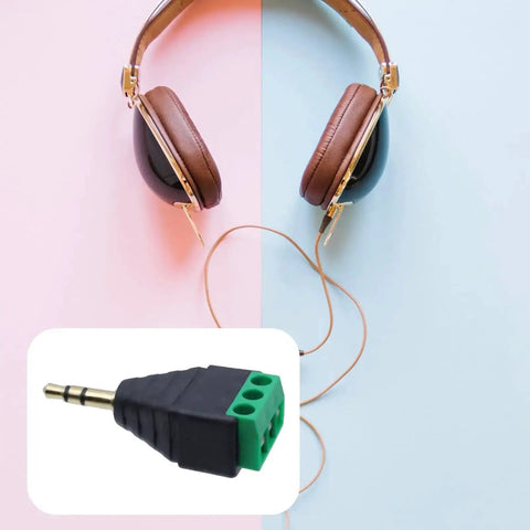 Headphones and insert showing Six Pack 3 Point 5mm Stereo Male To AV 3 Screw Terminal Block Balun Connector With Six Female Terminals DIY.