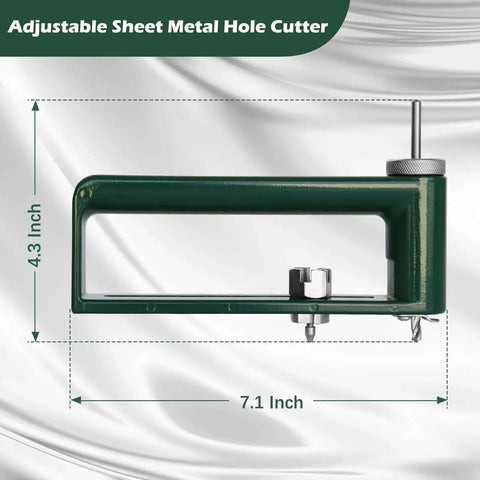 Adjustable Circle Hole Cutter for Sheet Metal 2 to 12 Inch, side view showing dimensions, used with 1/4 inch drill chuck.