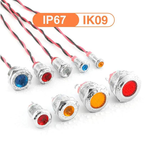 Assorted 12mm LED indicator lights in multiple colors with wires, showcasing IP67 IK09 rating, metal shell, for dashboards.
